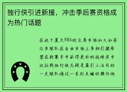 独行侠引进新援，冲击季后赛资格成为热门话题